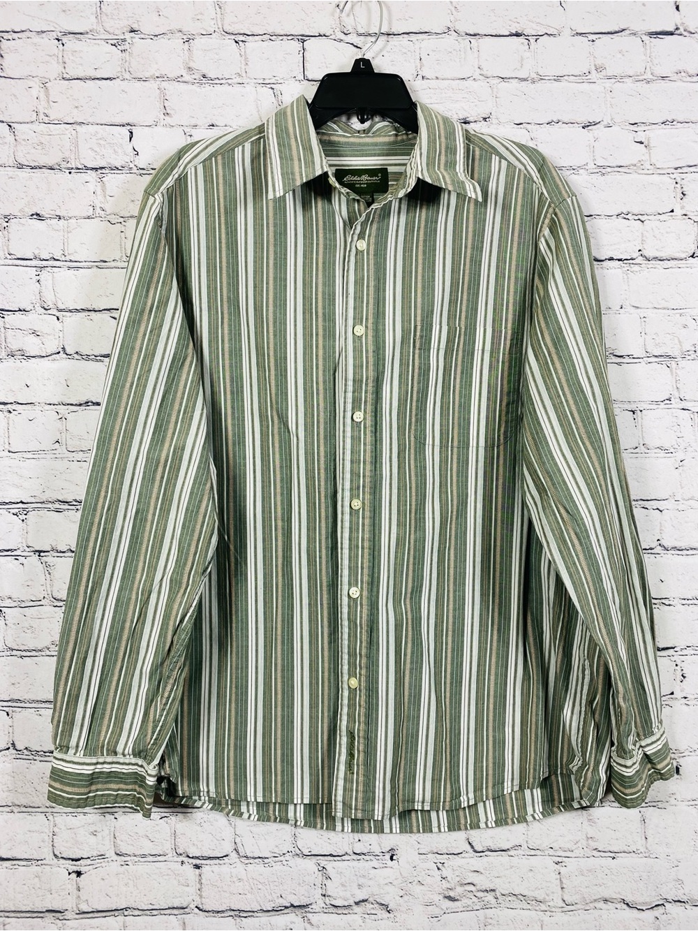Eddie Bauer Men’s Large Green Stripe Button Front Shirt 100% Cotton Long Sleeve